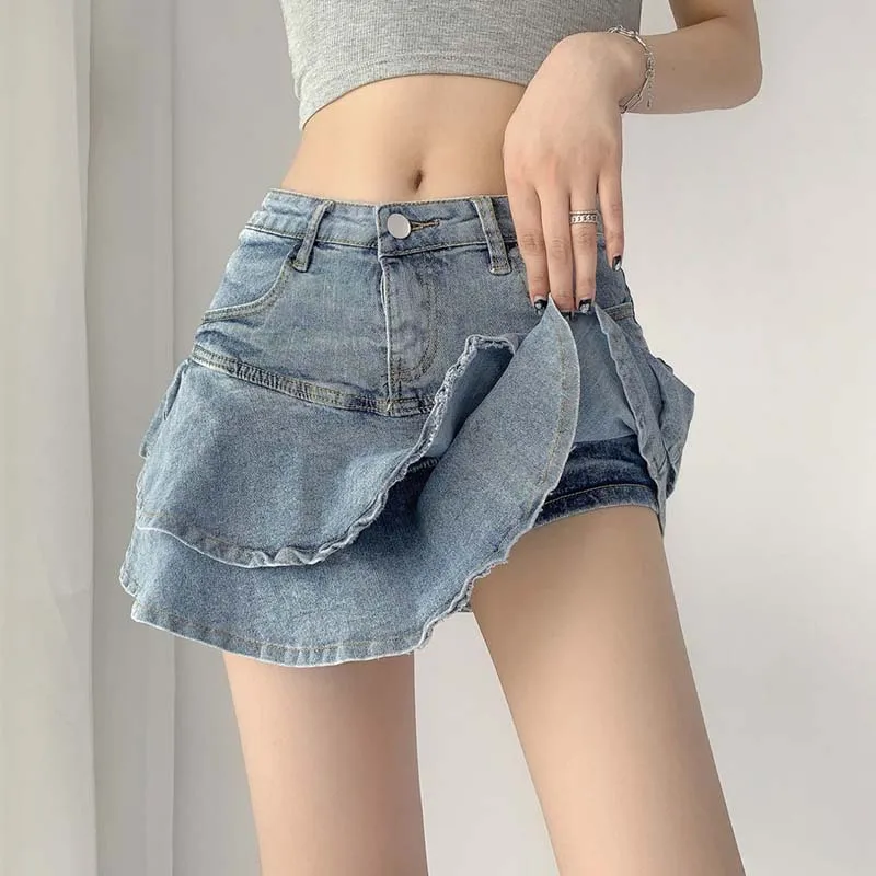 Mini jupe en jean taille haute à volants coréens pour femmes, Streetwear sexy, ligne A, mince, style preppy féminin, été, Y2K