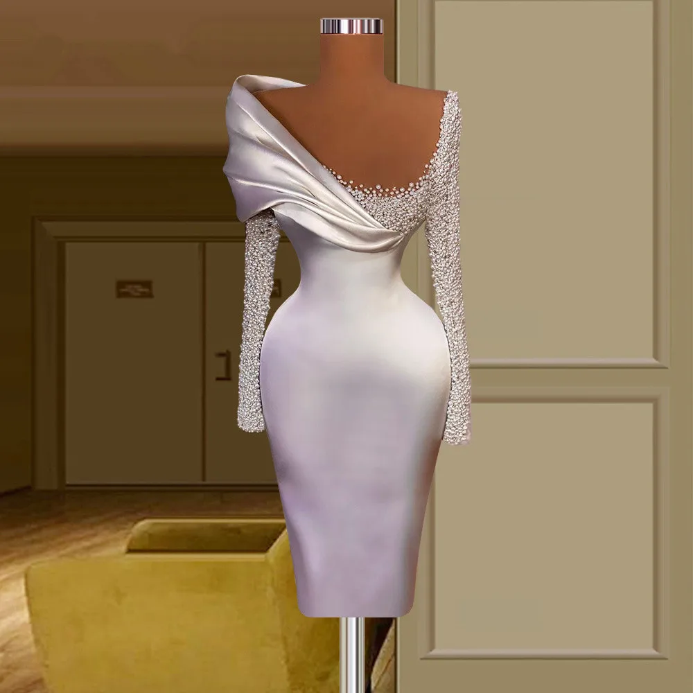

Luxury Cocktail Dresses Sheath Long Sleeves Knee Length Pearls Elegant Homecoming Dresses Haute Couture Customized