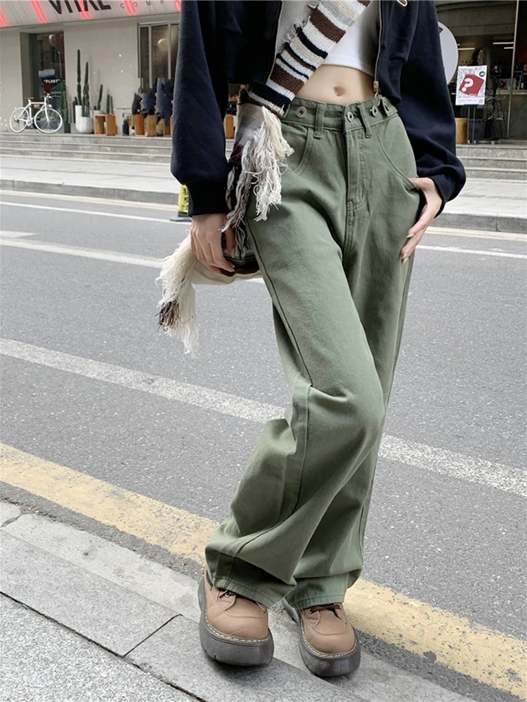 Women\'s Green Jeans Vintage Washed Multiple Pockets Wide Leg Pants Casual Street High Waist Baggy Denim Trouser Ladies Summer