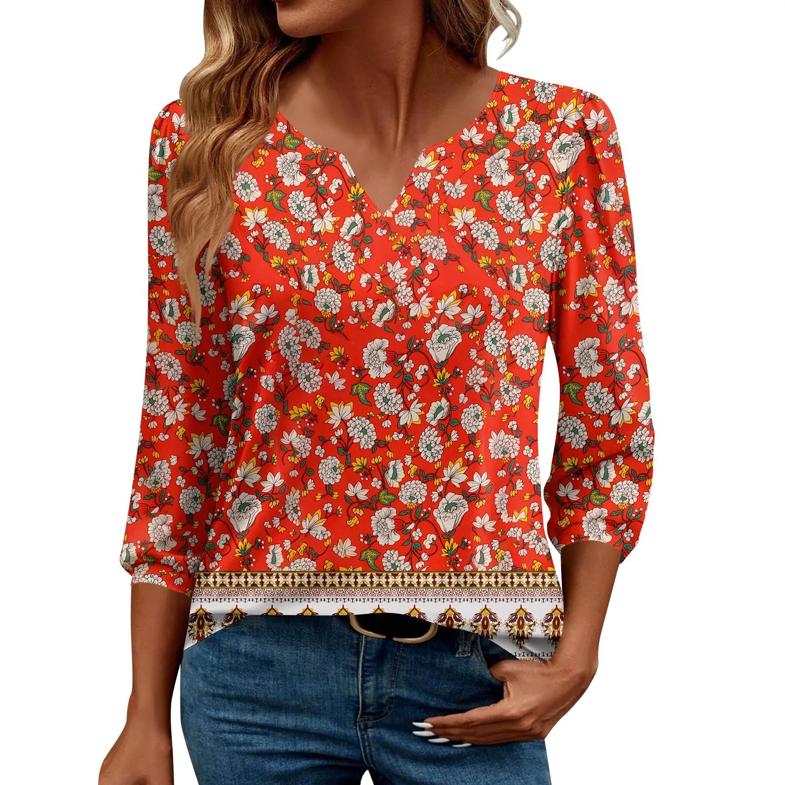 

3/4 Length Sleeve Womens Top Dressy Casual V-Neck Puff Sleeve Blouses Business Work Tunic Shirt Women's Shirt Graphic Tees Shirt
