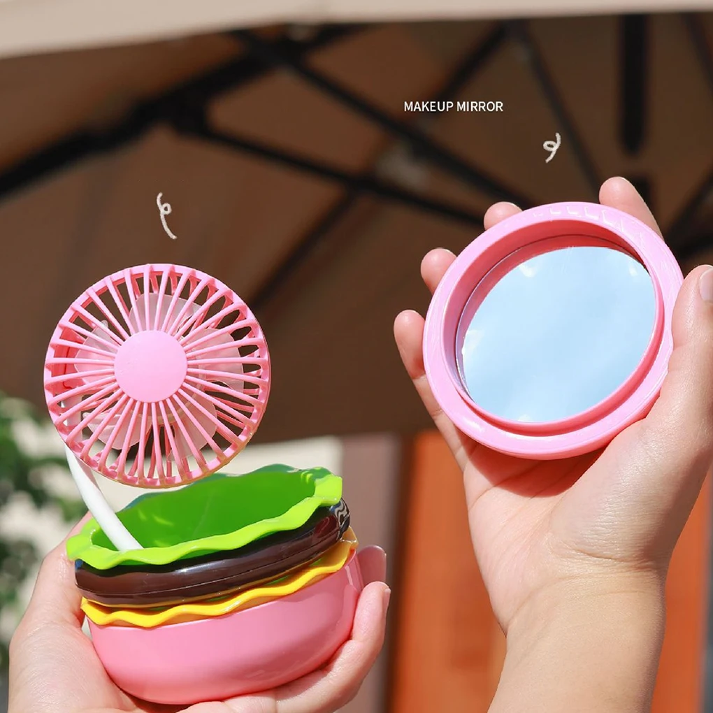 

Новинка 2023 года, мини-портативный ручной вентилятор Type-C с беспроводной зарядкой, небольшой вентилятор, малошумный настольный вентилятор с мультяшным гамбургером и ручным зеркалом