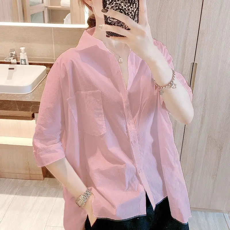 

Summer New Casual Loose All-match Youth Blouse Half Sleeve Polo Neck Solid Color Button Shirt Tops Office Fashion Women Clothing