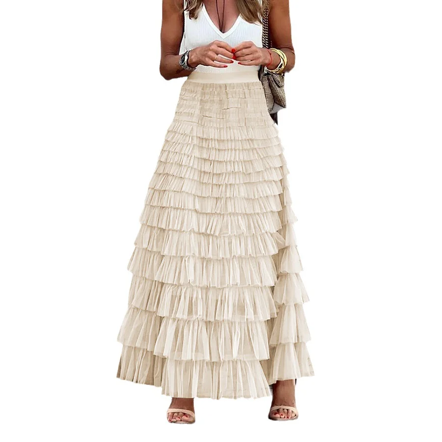 Fashion Mesh Skirt Women High Waist A-line Gauze Spliced Solid Color Loose Skirts Versatile 2025 Spring New