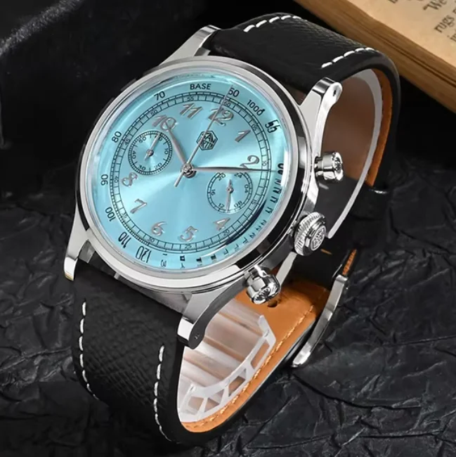 San Martin Men Chronograph Watch 38mm Panda Quartz Wristwatch 50M Waterproof Sapphire Mirror VK6430 Leather Strap