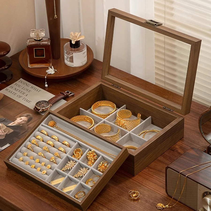 Walnussfarbene Doppeldecker-Schmuckschatulle, Halskette, Ohrringe, Box-Abdeckung, zum Tragen von Oxideschmuck, zarte Massivholz-Schmuckschatulle