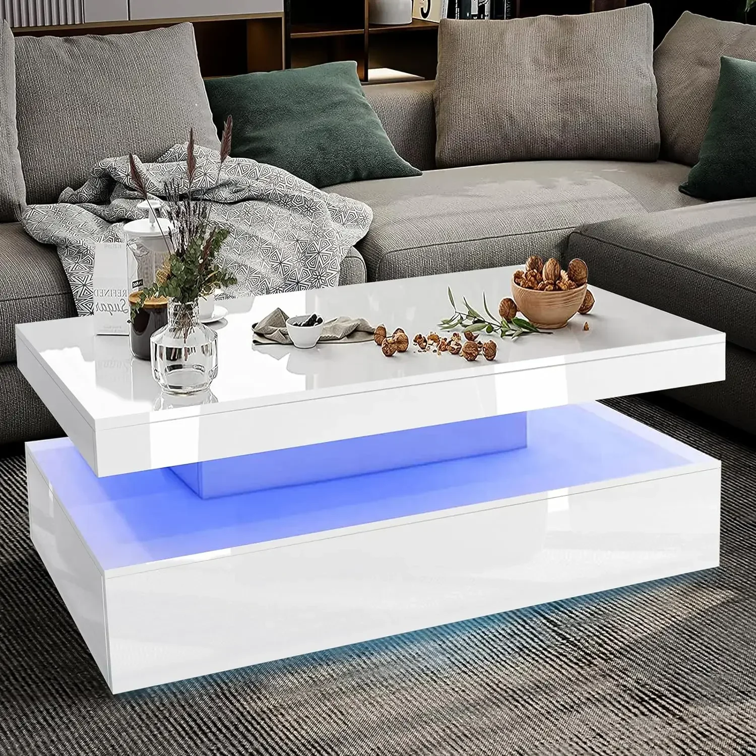 

-Wooden Centre Tea Table White High Glossy 2 Tiers Modern Rectangle Coffee Table with LED Light for Living Room