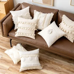 Boho Tufted Lumbar Throw Pillow Cover Modern Farmhouse Ivory Neutral Linen Gift Pillow Cushion Case with Tassels 30x50cm 45x45cm