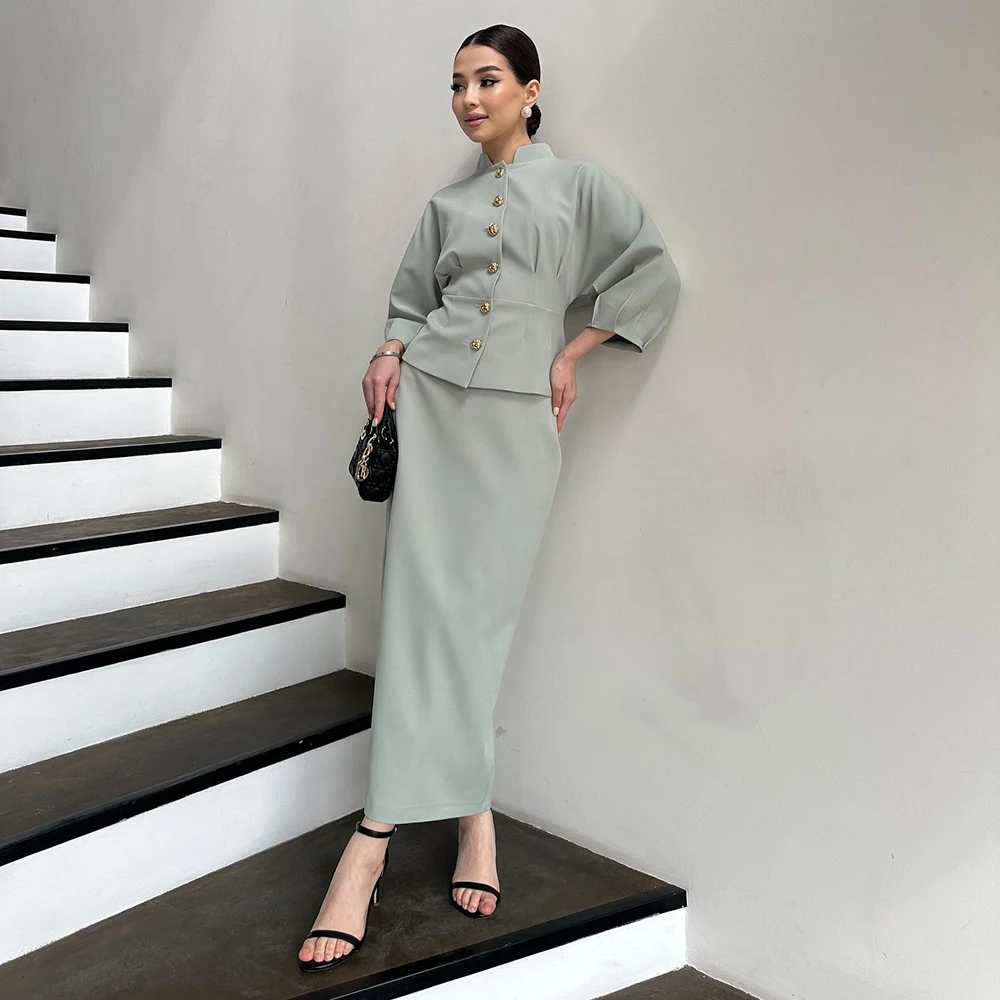 

Customized High Neck Green Straight Jersey Evening Dress Full Sleeves With Button Party Dress Pleat Ankle Length Prom Gown