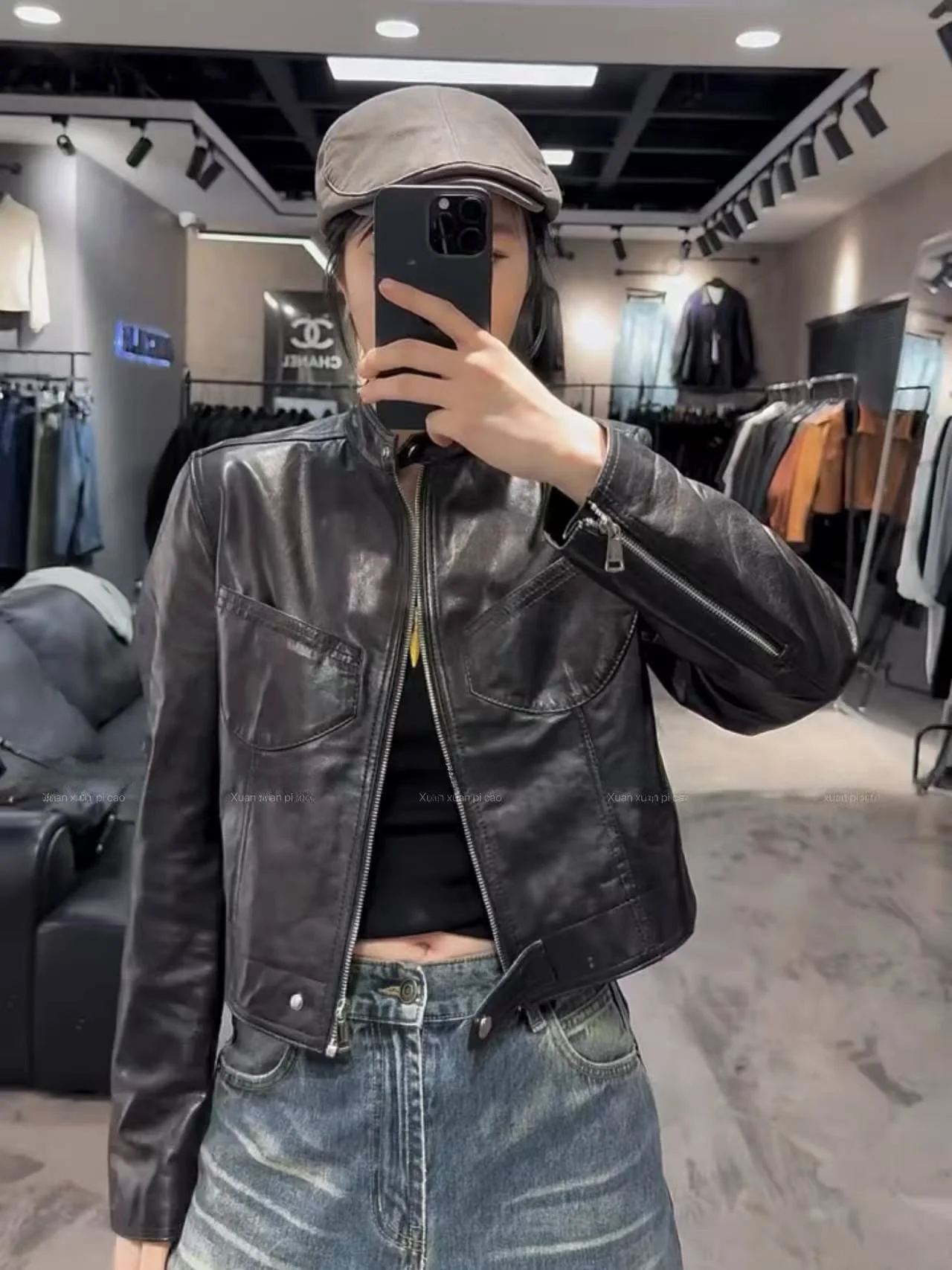 

Ning 2026 New Sle Women's Leather Jaet eepskin Genuine Leather Long Sve Zipper Closure Luxury Feel Coat