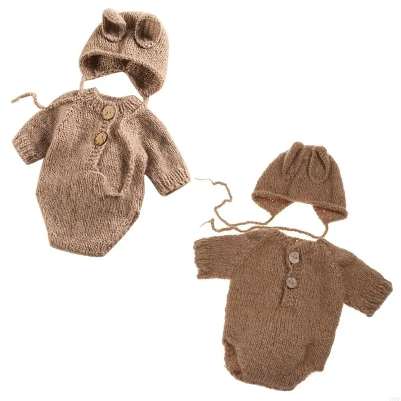 76HF 1 Set Knit Baby Hat Romper Set Newborn Photography Props Outfit Infant Clothing