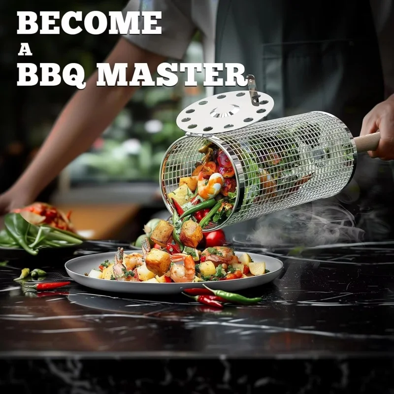 Stainless Steel Rolling BBQ Cage, Round Barbecue Tube Portable Outdoor Grill Basket Rotatable BBQ Mesh Cooking Net