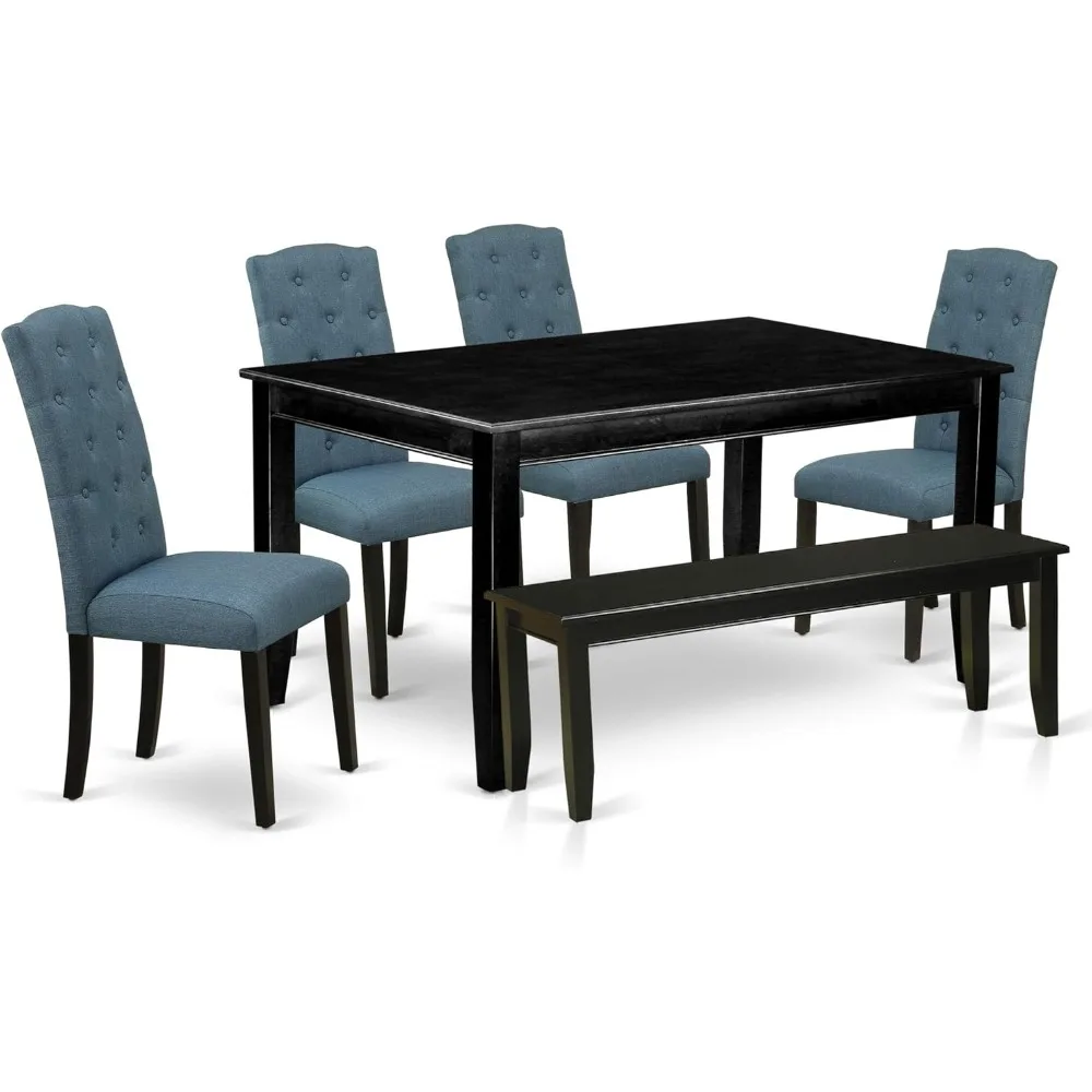 Dining Tables, 6 Piece Dinette Set Contains A Rectangle Dinings Room Table and 4 Mineral Blue Linen, Dining Tables