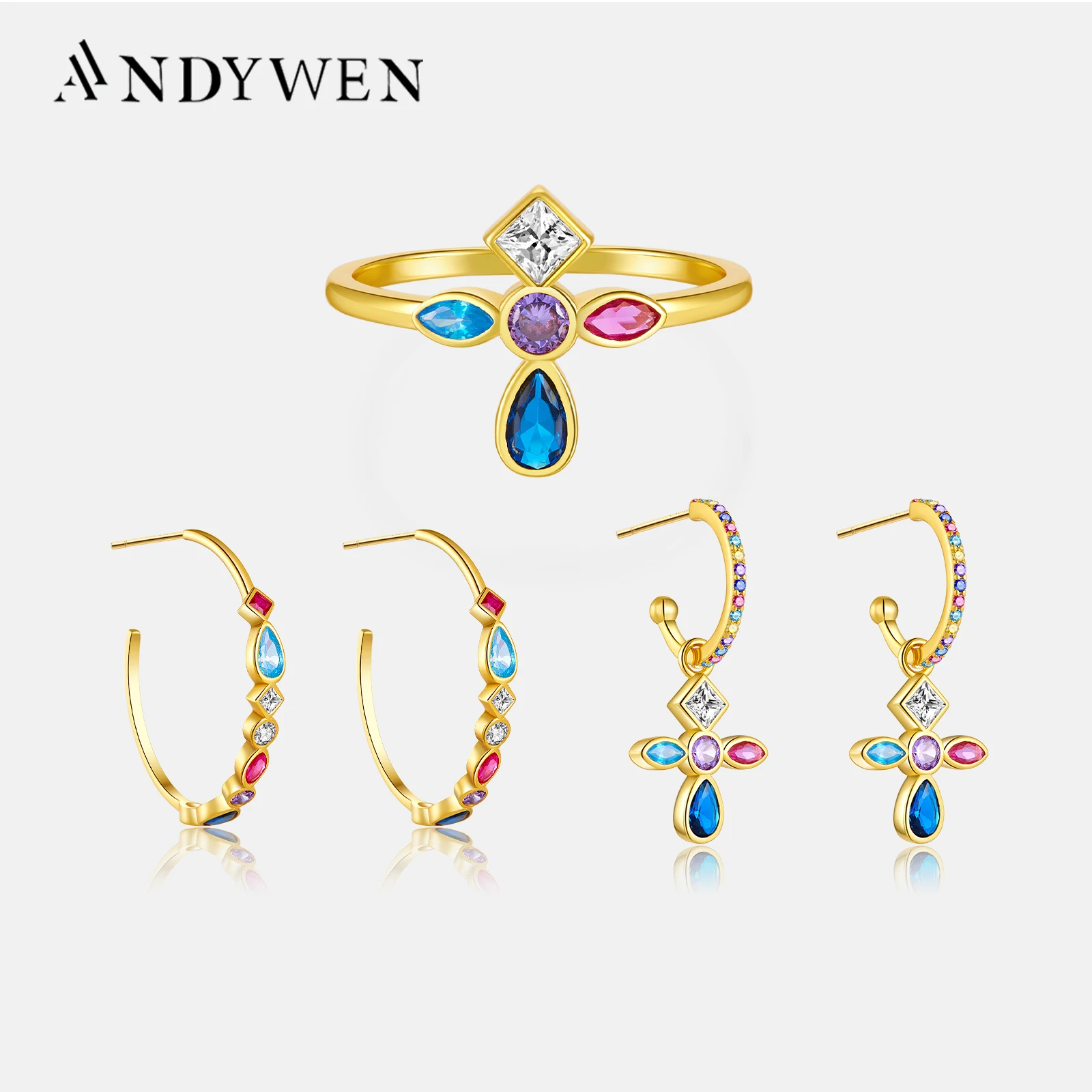 ANDYWEN 925 Sterling Silver Five Color Gold Rainbow Cross Drop Earring Hoops Piercing Ring Jewelry Set For Women Fashion Jewels