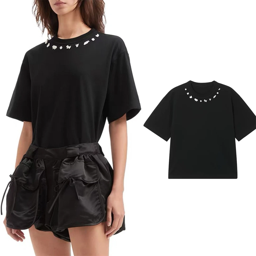 

Decorative Abalone Spring 2026 Women's round Neck Short Sleeve T-shirt Animal Decoration French Style Cotton Breathable Comfo...