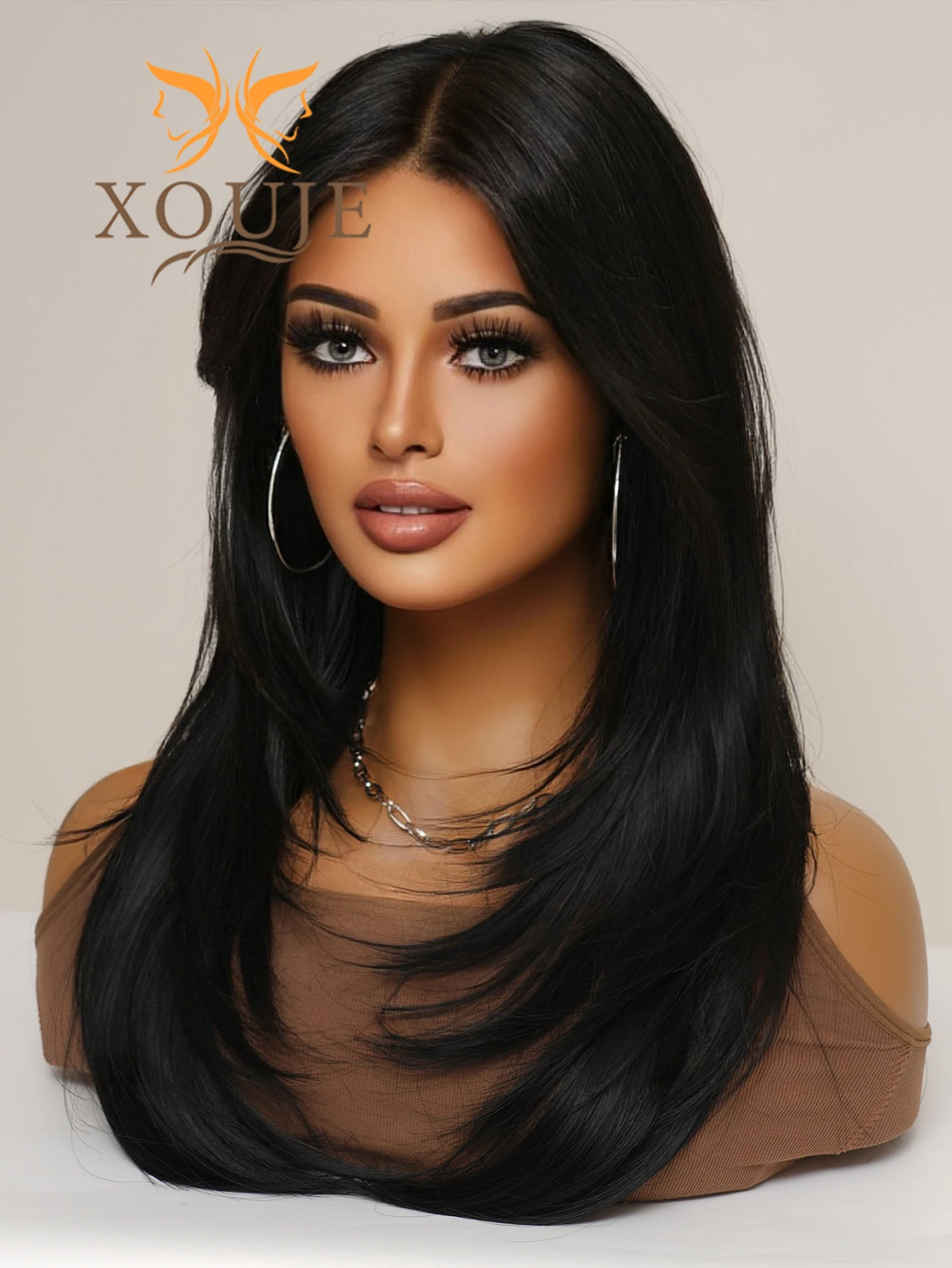 Glamor Chemical Fiber Heat Resistant Wig Long Straight Hair Layered Wig Natural Black 26 Inch Wig With Bangs, Daily Women\'s Part