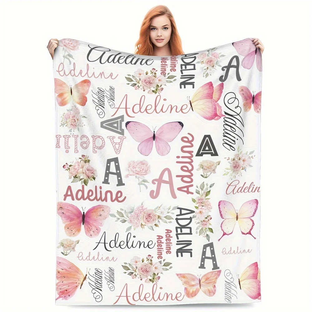 1Pc Custom Name/Text Pink Butterfly Flower Design Flannel Blanket, Soft and Comfortable,Suitable for Office,Home, Unique Present