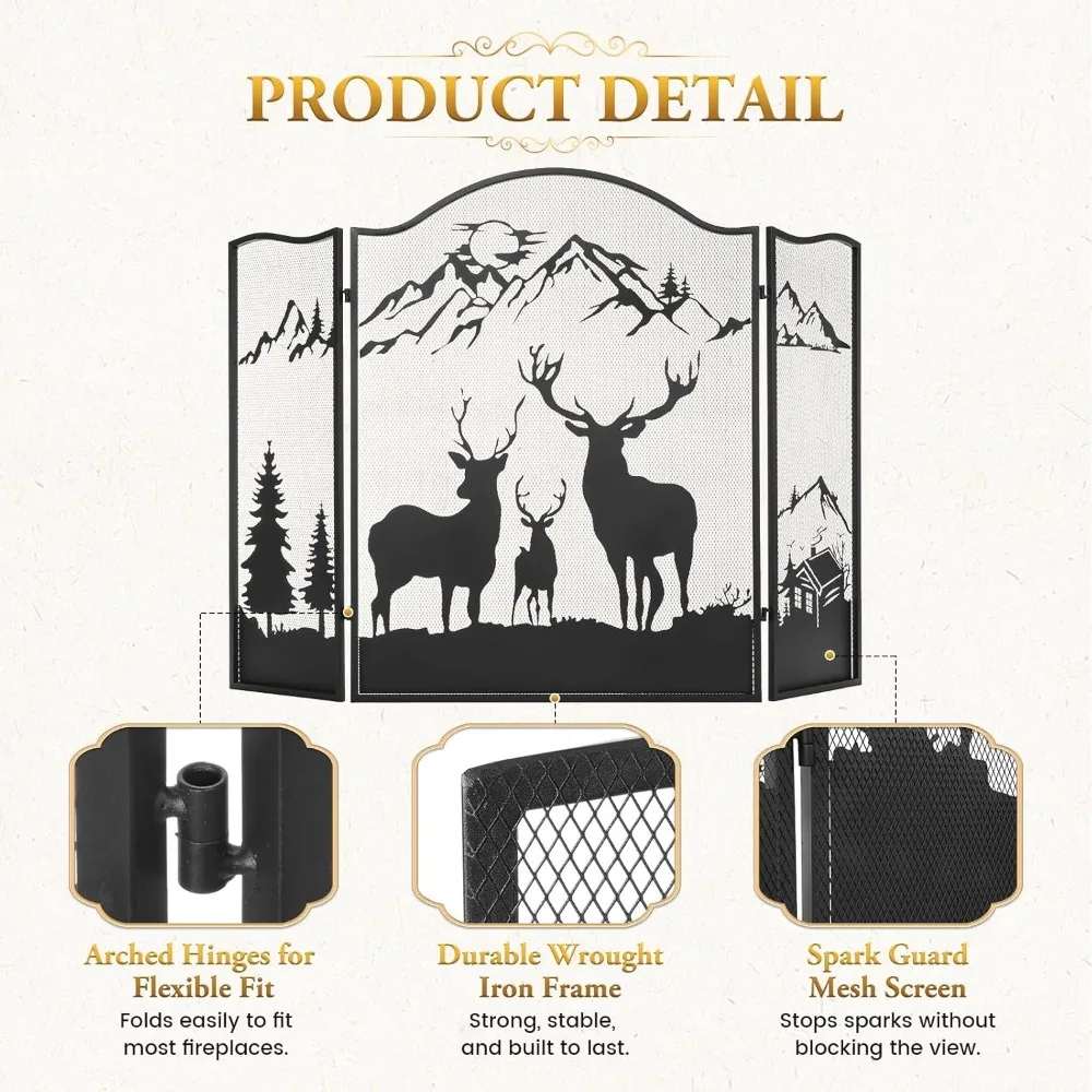 36 شاشة مدفأة من الحديد المطاوع - تصميم غزال مكون من 3 ألواح، واقي حريق قابل للطي للاستخدام الداخلي/الخارجي