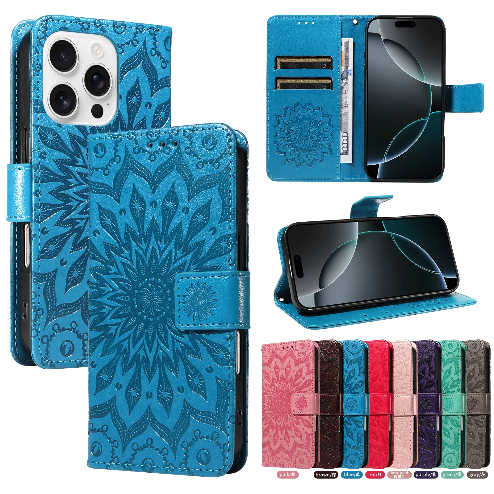 

Leather Phone Case iPhone 14 Plus iPhone 15 Promax Sunflower Embossed Card Slot+small Hanging Rope Portable