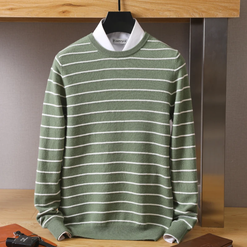 100% Merino Australian Pure Wool Sweater High-Grade Striped Men's Contrast Long-Sleeved Knitting Casual Bottom Autumn Winter New