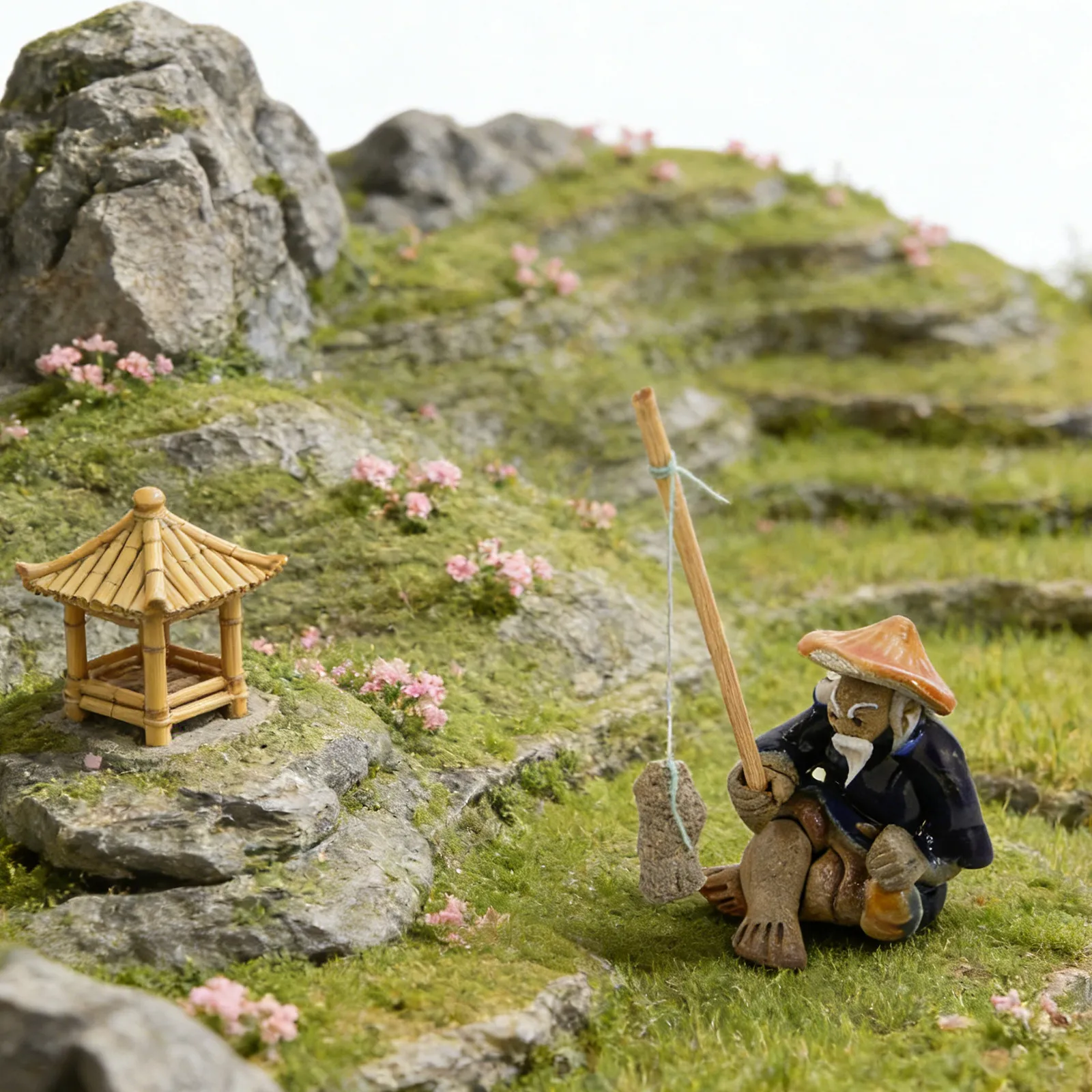 Mini Ceramic Bonsai Fisherman Statue Sitting Pose Asian Inspired Micro Landscape Aquarium Garden Decoration Micro Bonsai