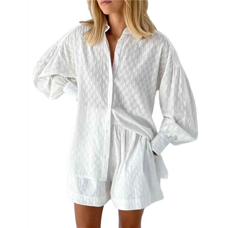 

【SEE】Women's 2 Piece Outfits Oversized Long Puff Sleeve Blouse Shirt High Waisted Side Pocket Shorts Set