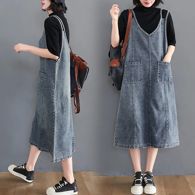 

Waed out Denim Long A-Line Skirt Dr plus Size Women's Faion Double ket Strap Dr Belly Covering Casual Dr