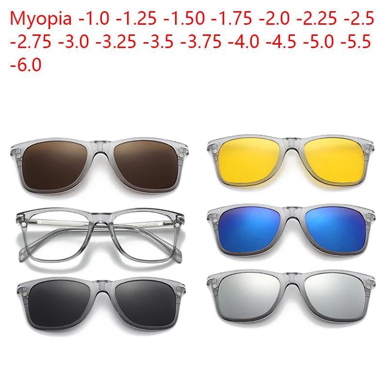 

6 In 1 Prescription Glasses Transparent Grey Myopia -0.5 To -10 Cat Eye Magnetic Sunglasses Clip Spring Mirror Leg Can Custom