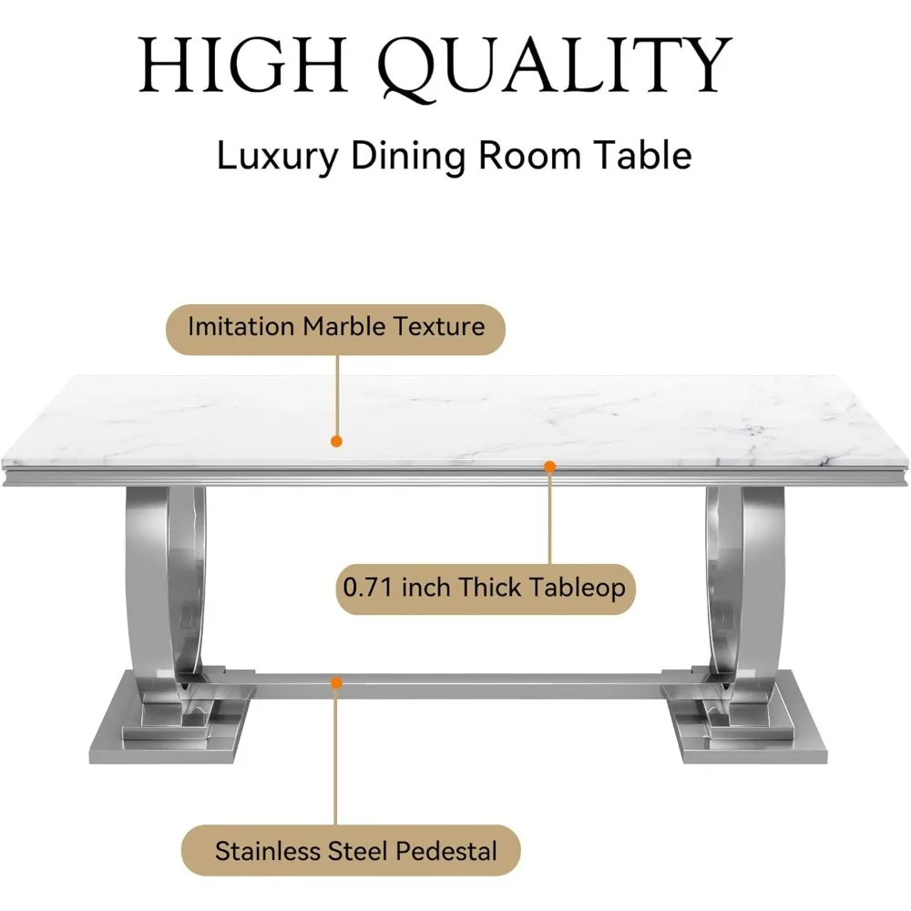 70-calowy luksusowy marmurowy 6-osobowy zestaw stołów do jadalni, stół do jadalni ze sztucznego marmuru z 6 białymi skórzanymi krzesłami do jadalni