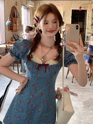 French Vintage Printing Mini Dress Women Japan Sweet Cute Lace Summer One Piece Dress Elegant Fairy Evening Party Denim Dresses