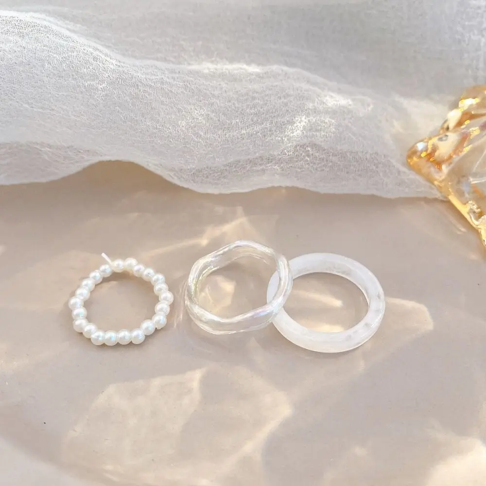 Essentials Vegetarian Circle Ladies' Products Korean Style Resin Ring Women Pearl Ring Set Party Favors Popular Accessories