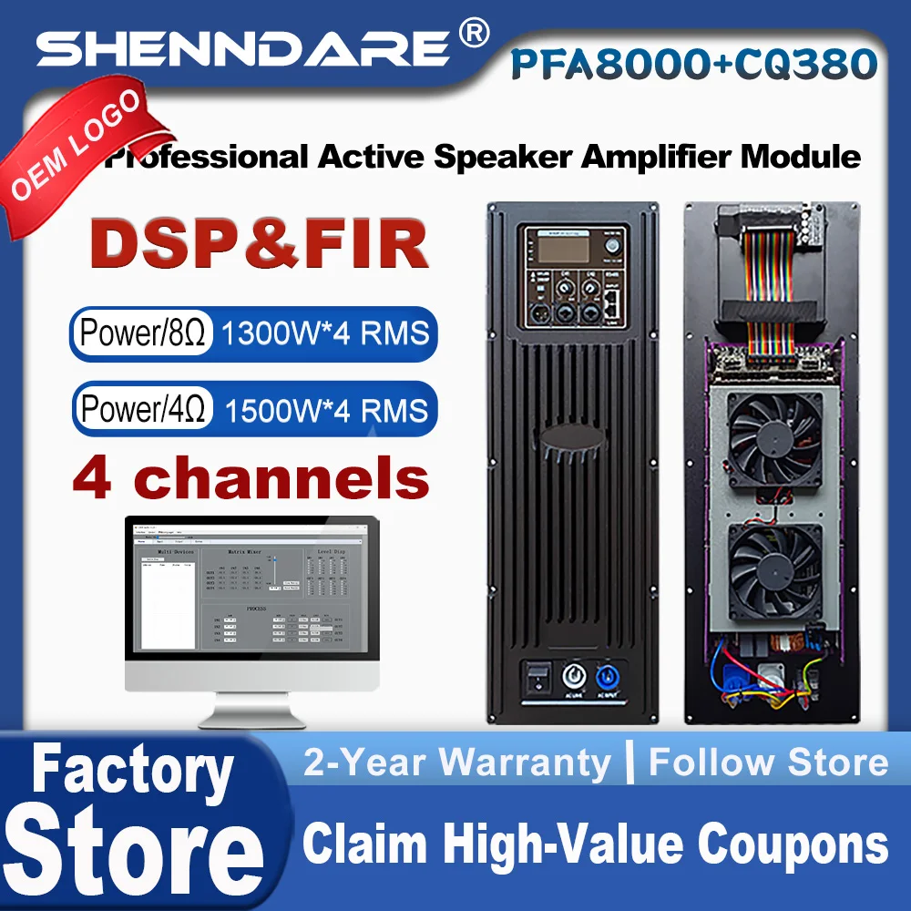 

ShennDare PFA8000+CQ380 4x1300W Professional Active Speaker Power Amplifier Module 4 Channel DSP FIR Amplifier Dj Subwoofer Amp