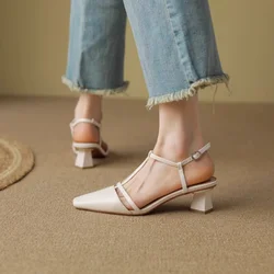 New Elegant Slingback Sandals Women Summer Shoes Silver Black Beige Medium Heels Pumps Close Toe Office Party Shoe Female