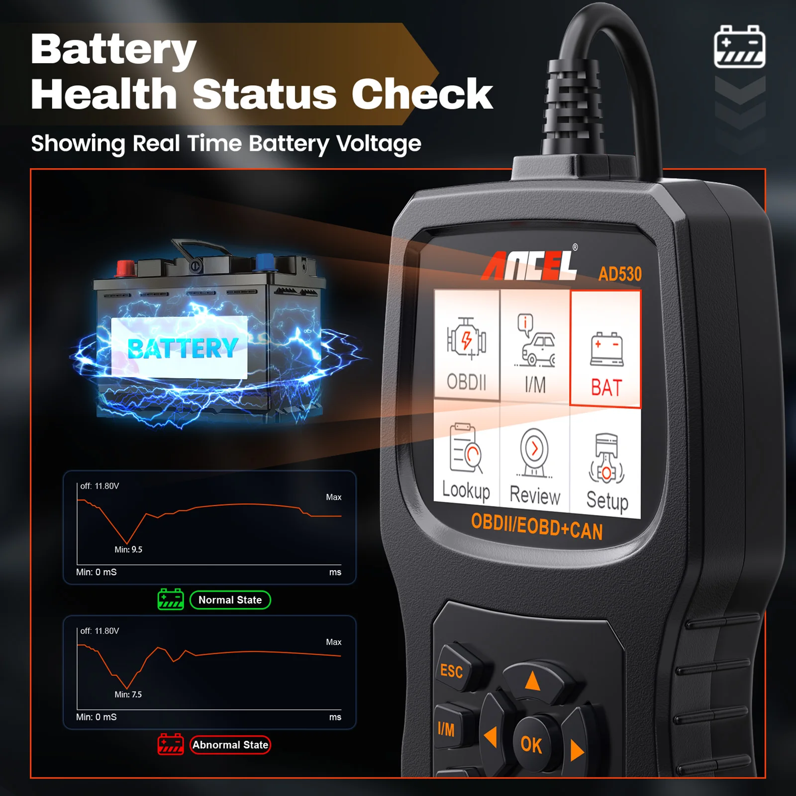 2024 ANCEL AD530 Automotive OBD2 Scanner Professional Car Code Reader Battery Tester Check Engine OBD 2 Car Diagnostic Scan Tool