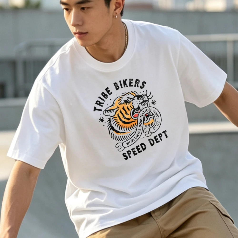 Tribe Bikers Speed Dept Tiger Head Graphic Tshirt Vintage Tattoo Style Print Short Sleeve Motorcycle Biker Lover Streetwear Tees