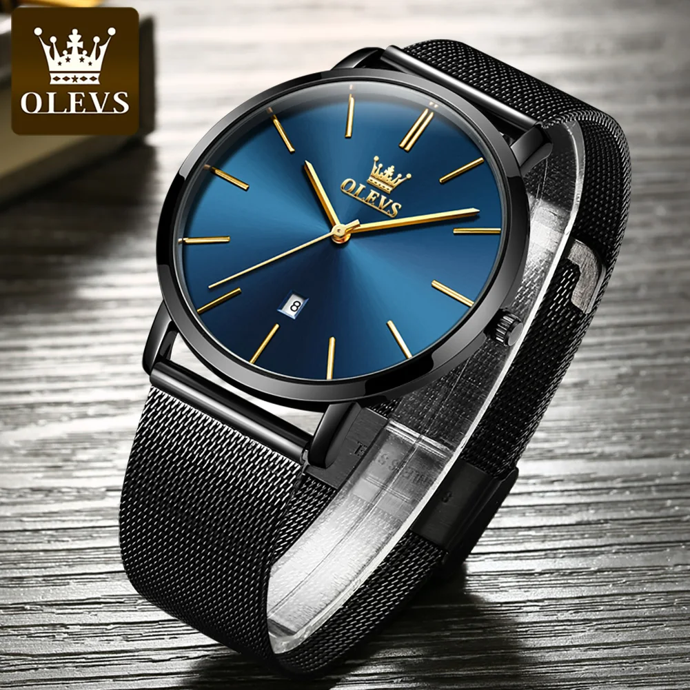 OLEVS 5869 Ultra Thin 6.5mm Quartz Watch for Men Mesh Steel Strap Waterproof Watch Auto Date Fashion Minimalist Men\'s Wristwatch