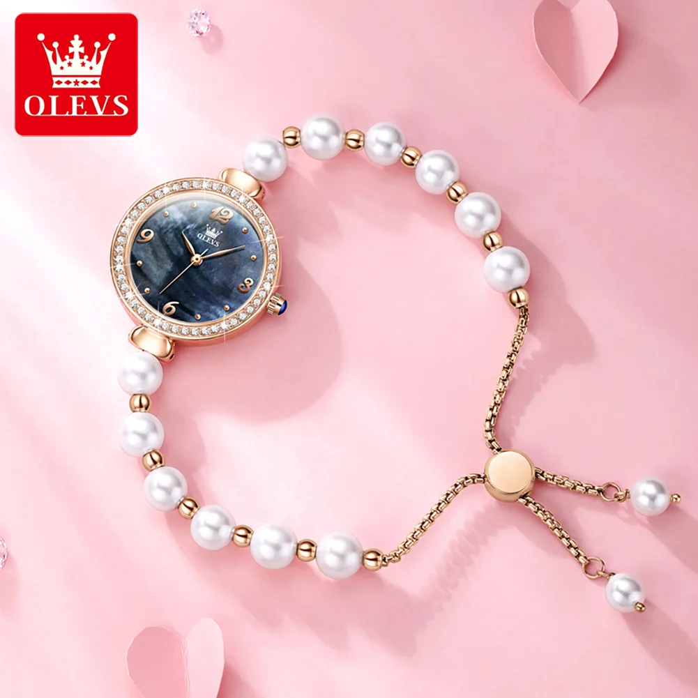 OLEVS Original Brand Women\'s Watches Fashion Pearl Chain Strap Waterproof Popular Quartz Watch Student Girl Trendy Diamond Inlay