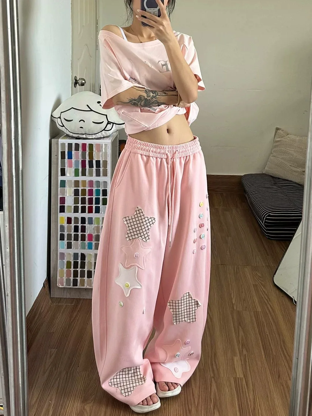 American Style High Waist Wide Leg Casual Pants Women Summer New Color Block Loose Trousers Knife  Long Pants Star Patch
