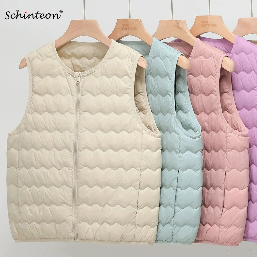 Schinteon Women's 90% Lightweight White Duck down Vest Collarless Autumn Winter Liner Inside Top 2025 New Sleeveless Jacket
