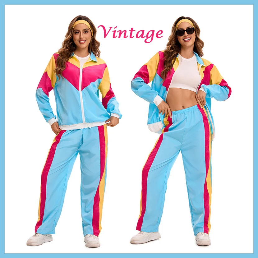 

70s Disco Hippie Cosplay Retro Vintage Sports Suit Hip-pop Halloween Costumes For Woman Couple Suits