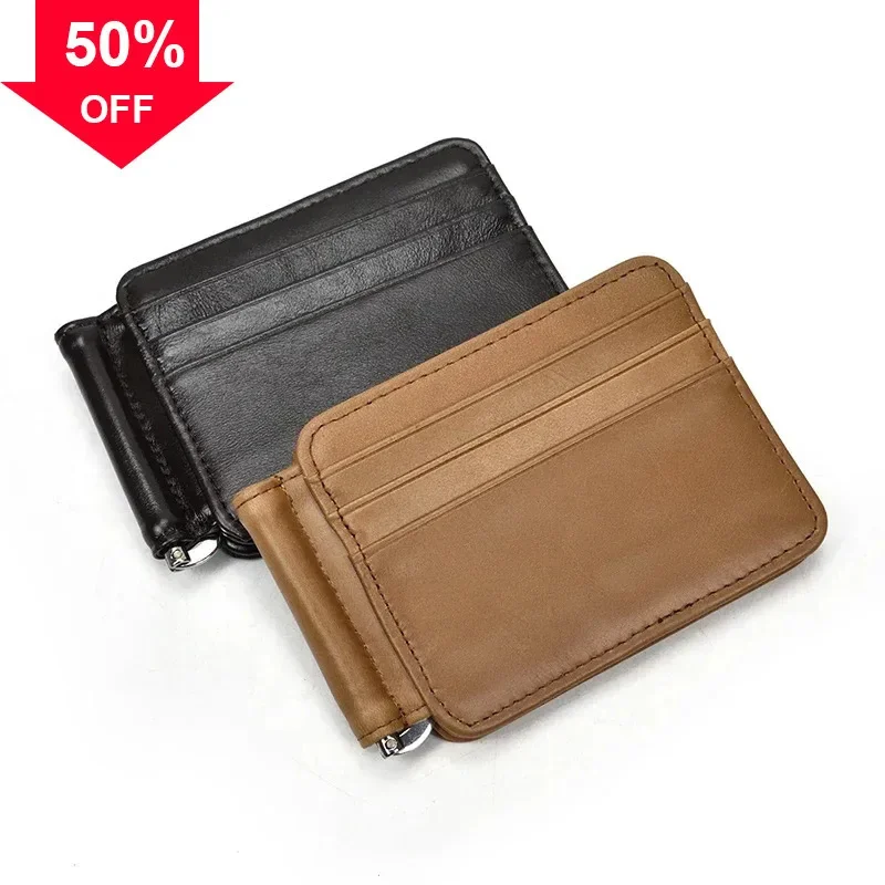 Small Men's Leather Money Clip Wallet With Coin Pocket Card Slot Cash Holder Male Bag Magnet Hasp Purse For Man Women