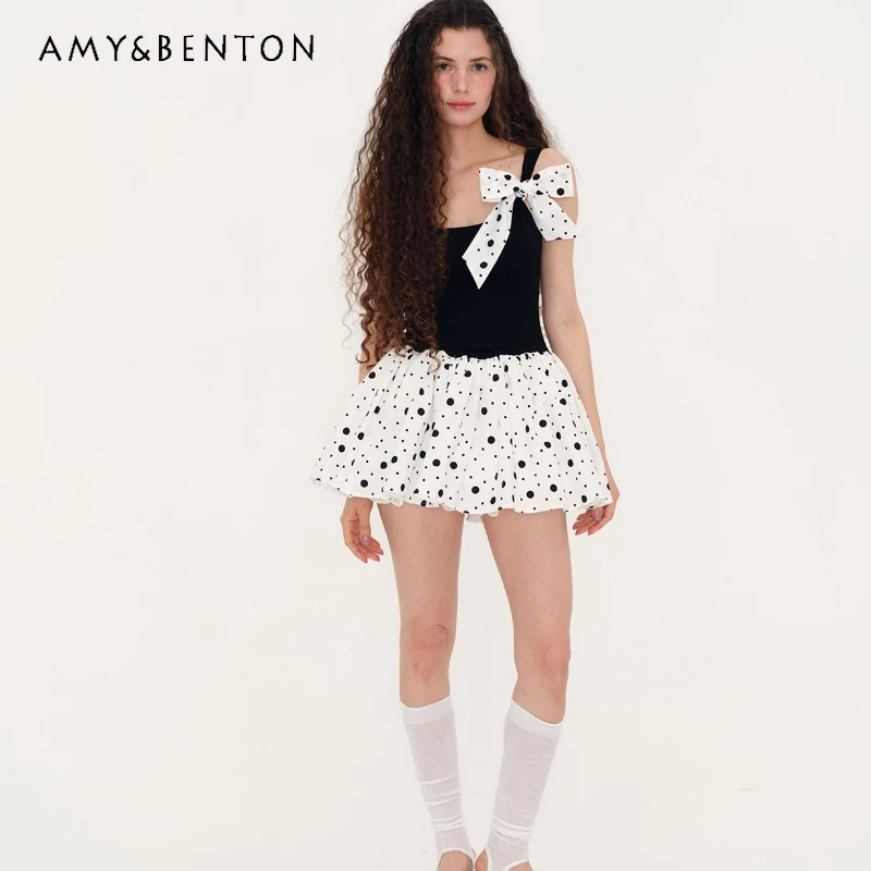 

Vintage Color-Block Black White Polka Dot Splicing Women's Puff Dress 2025 Summer New Elegant Sweet A-Line Tank Dresses Ladies