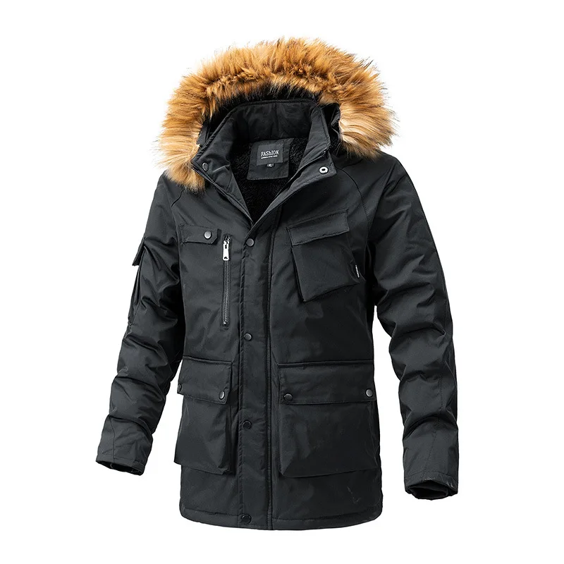 Autumn Winter New Fashion Men's Thicken Plus Size Casual Trendy Solid Color Simple Basic Fur Collar Hooded Quilted Jackets Male