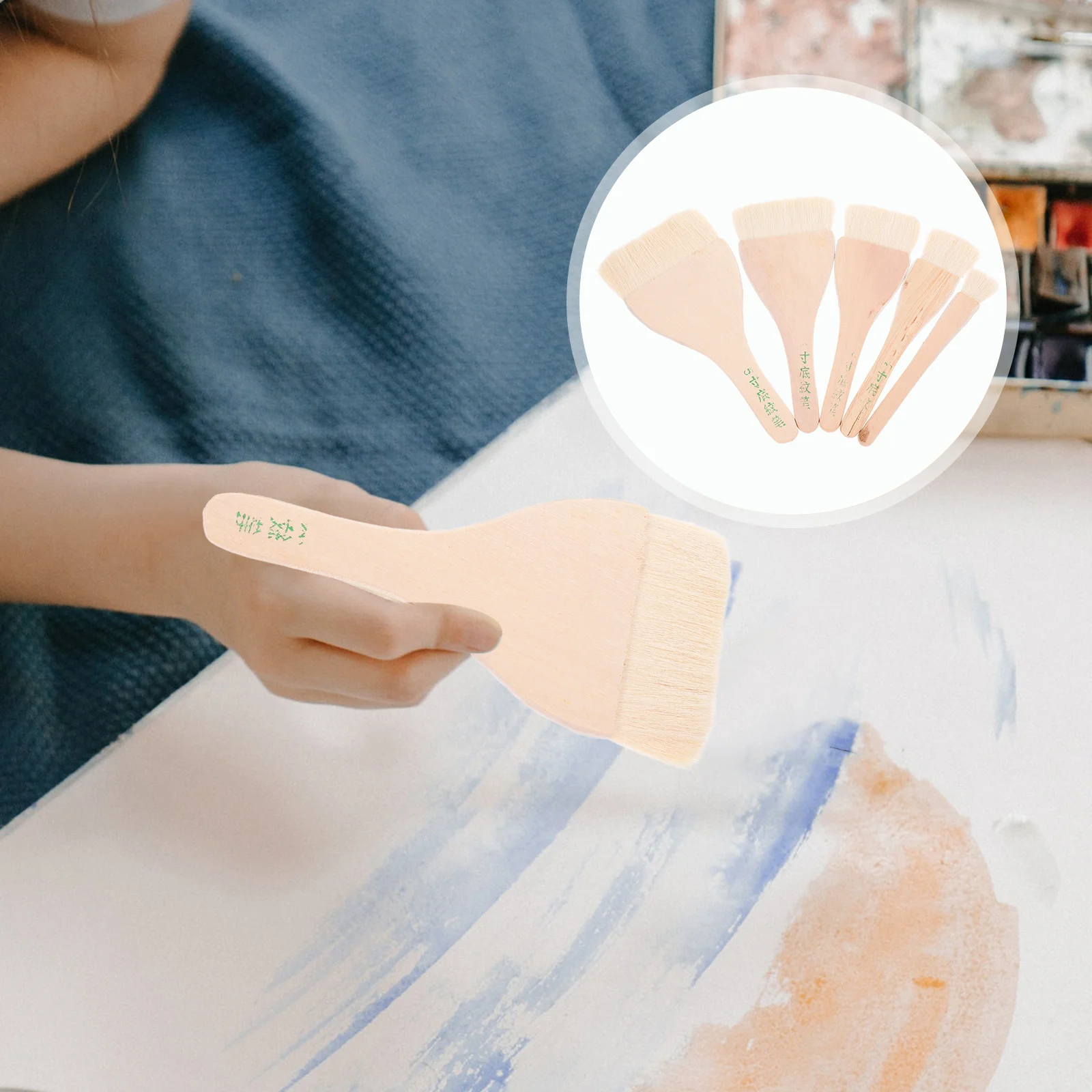 

5Pcs Wood Handle Wool Paint Brush Bottom Texture Design Fine Workmanship Watercolor Oil Drawing Brush Portable Art Painting Tool