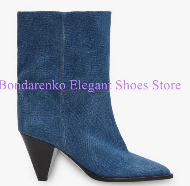 الأزرق الدنيم سبايك الكعوب سيدة حذاء من الجلد مثير أشار تو كعب غريب رقيقة الساق امرأة أحذية بوت قصيرة موضة مأدبة فستان الأحذية #3