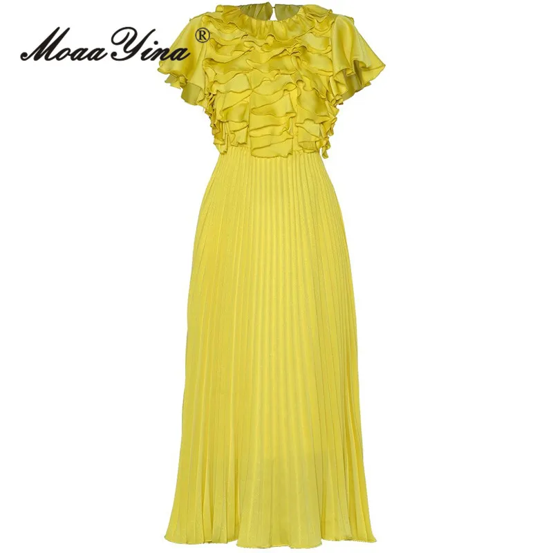 

MoaaYina Round Beck Short Sleeved Ruffled Waist Cinched Pleated Princess Style Mid Length Dress 2025 Summer New Style