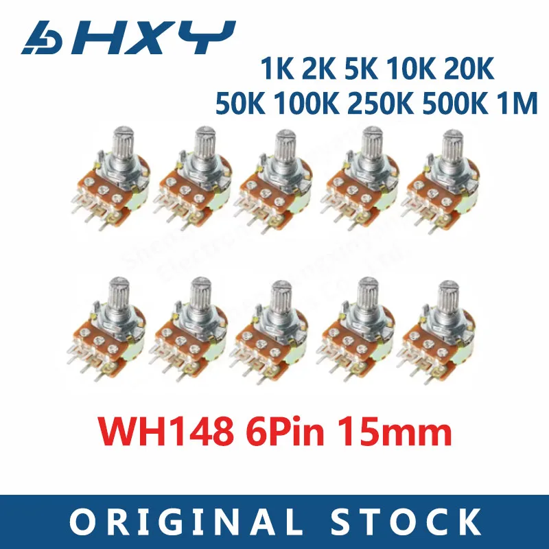 10PCS Linear potentiometer with nut and washer B1K B2K B5K B10K B20K B50K B100K B500K B1M WH148 Potentiometer 6Pin 15mm shaft