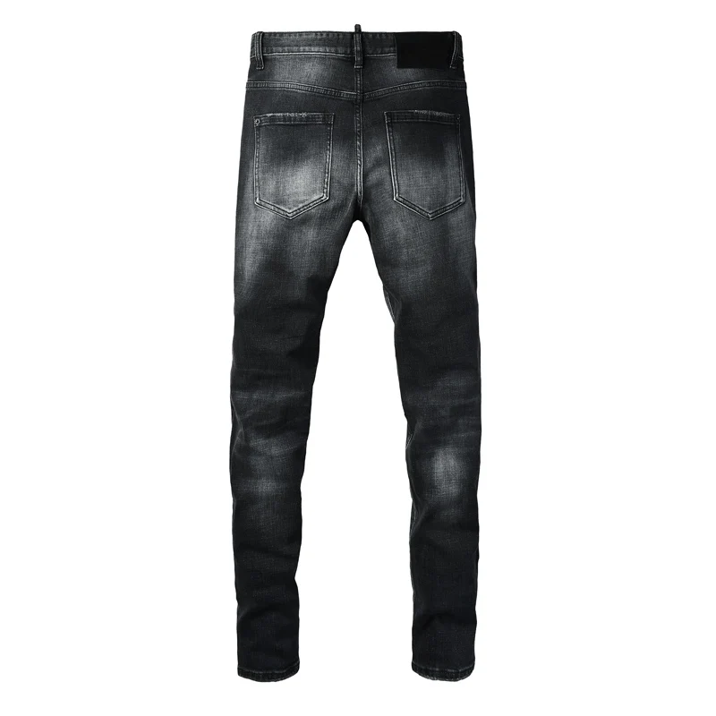 Men Vintage Black Grey Faded Skinny Jeans Mid Waist Wrinkle Stretch Slim Fit Denim Casual Long Trousershombre