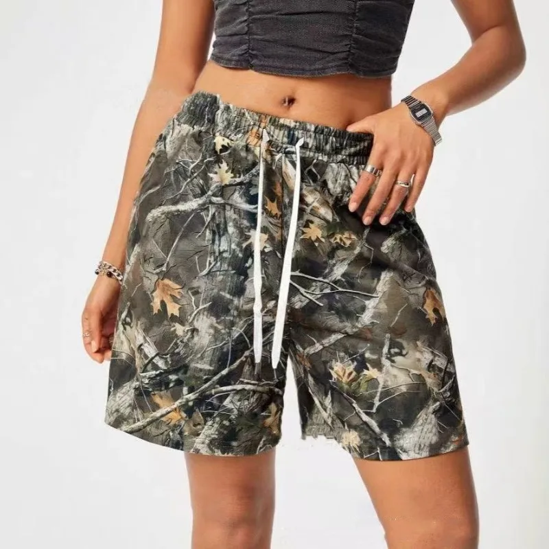 

2025 Spring/Summer Women's Loose Casual Drawstring Shorts Female Retro Branch Printed Camouflage Shorts Sportwear Roupa Mujer