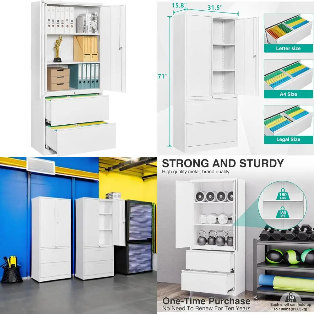 Locking White 2-Drawer Lateral Filing Cabinet with Shelf, Secure Metal Storage for Office Documents