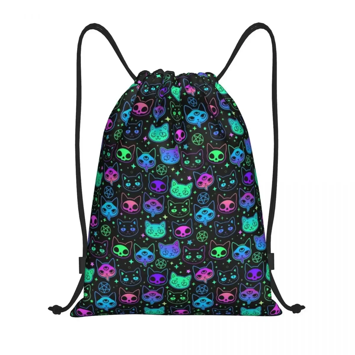 

Custom Halloween Colorful Witch Gothic Magic Cat Drawstring Bag Women Portable Sports Gym Sackpack Shopping Storage Backpacks